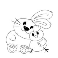 câlin mignon de lapin et de poulet. dessiner une illustration en noir et blanc vecteur
