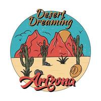 ambiance du désert de l'arizona avec cactus et montagne. conception d'impression pour vêtements, autocollants, t-shirt et autres. illustration vintage rétro. vecteur