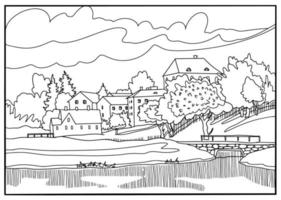 livre de coloriage . beau paysage, vue sur la ville de l'autre côté de la rivière. fond de ligne d'art vectoriel. vecteur