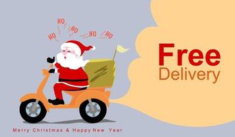 le père noël fait du vélo livraison de marchandises pendant les vacances de noël et le nouvel an, avec des textes de promotion livraison gratuite sous forme de nuage d'espace de copie orange vecteur