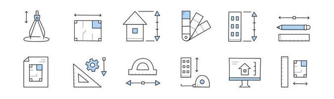 définir des icônes de doodle d'architecte, des panneaux de projet de construction vecteur