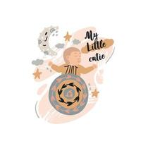 bébé nouveau-né endormi avec l'affiche abstraite de la lune. illustration boho scandinave de pépinière de douche de bébé. lettrage ma petite mignonne. vecteur bohème plat sur fond neutre