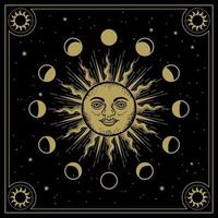 visage solaire avec phases d'orbites de lune en dessin au trait, gravure, thème de luxe pour lecteur de tarot, carte et affiche vecteur