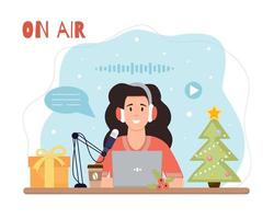 ambiance de noël. notion de podcast. femme parlant avec le public. podcasteur à l'antenne. vecteur