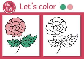 coloriage royaume magique pour les enfants avec rose. illustration vectorielle de contour de conte de fées avec une jolie fleur rose. livre de couleurs pour les enfants avec exemple coloré. feuille de travail imprimable sur les compétences en dessin vecteur