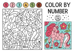 image vectorielle royaume magique couleur par activité numérique avec licorne rose et fleurs. jeu de comptage de conte de fées avec un cheval mignon. page de coloriage drôle pour les enfants avec une créature fantastique. vecteur