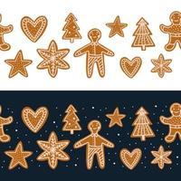 bordure vectorielle continue avec des biscuits de Noël. biscuits au pain d'épice en forme de coeurs, d'arbres de noël et d'hommes. vecteur