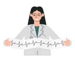 cardiologue féminin faisant des diagnostics et des traitements médicaux cardiaques. femme médecin tenant patient ecg. caractère médical étudiant l'examen du rythme cardiaque. médecin personne illustration vectorielle plane dessinée à la main vecteur