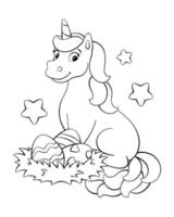 licorne mignonne avec des oeufs de pâques. page de livre de coloriage pour les enfants. personnage de style dessin animé. illustration vectorielle isolée sur fond blanc. vecteur