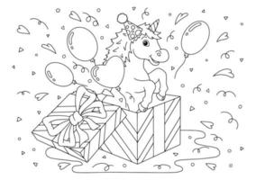 une licorne joyeuse saute d'une boîte cadeau. page de livre de coloriage pour les enfants. personnage de style dessin animé. illustration vectorielle isolée sur fond blanc. vecteur