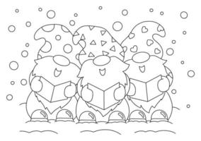 de joyeux gnomes chantent une chanson de noël. page de livre de coloriage pour les enfants. personnage de style dessin animé. illustration vectorielle isolée sur fond blanc. vecteur