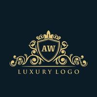 logo lettre aw avec bouclier d'or de luxe. modèle vectoriel de logo d'élégance.