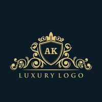 logo lettre ak avec bouclier d'or de luxe. modèle vectoriel de logo d'élégance.