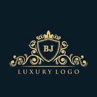 logo lettre bj avec bouclier d'or de luxe. modèle vectoriel de logo d'élégance.