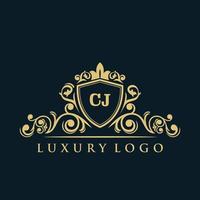 logo lettre cj avec bouclier d'or de luxe. modèle vectoriel de logo d'élégance.