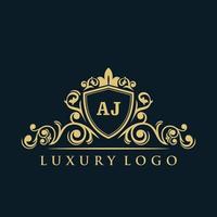 logo lettre aj avec bouclier d'or de luxe. modèle vectoriel de logo d'élégance.