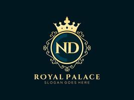 lettre nd logo victorien de luxe royal antique avec cadre ornemental. vecteur