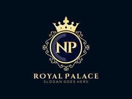 lettre np logo victorien de luxe royal antique avec cadre ornemental. vecteur