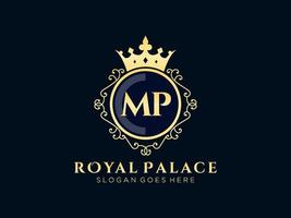 lettre mp logo victorien de luxe royal antique avec cadre ornemental. vecteur