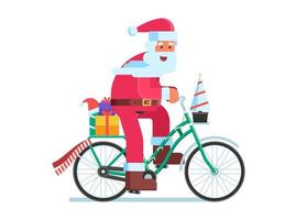 Père Noël avec sac cadeau sur vélo de Noël vecteur