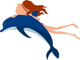 Fille nageant avec des dauphins , illustration, vecteur sur fond blanc