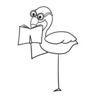 flamant rose, personnage de zoo portant des lunettes et lisant un livre. illustration de vecteur de dessin animé sur blanc pour la page de coloriage