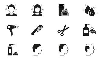 icônes de silhouette de salon de coiffure et de coiffeur. ensemble d'icônes d'outils de soins capillaires et de coiffure. peigne de coiffeur, ciseaux, sèche-linge, shampoing et crème à raser. illustration vectorielle isolée. vecteur