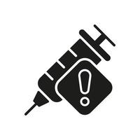 icône de silhouette d'avertissement de vaccin. seringue de vaccination avec signe d'alerte. précautions concernant la drogue, la drogue, l'icône noire de la seringue narcotique. illustration vectorielle isolée. vecteur