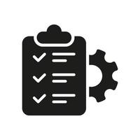 liste de contrôle et pictogramme de silhouette du plan de gestion de la roue dentée. engrenage, presse-papiers, icône noire de liste de contrôle de réglage de projet de crayon. icône de document de contrôle. illustration vectorielle isolée. vecteur