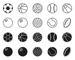 collection de balles pour le basket-ball, le baseball, le tennis, le rugby, le football, le volley-ball, le golf, la piscine, la ligne de bowling et l'icône silhouette. ensemble d'icône de boules de jeu de sport. trait modifiable. illustration vectorielle. vecteur