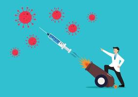 médecin combattant avec un coronavirus par seringue tirée d'un canon explosif vecteur