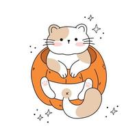 dessiner un siège de chat drôle dans une citrouille chat kawaii avec citrouille pour action de grâces et illustration vectorielle automne automne collection de personnages de chat. style de dessin animé de griffonnage. vecteur