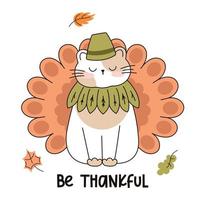 dessiner un chat drôle dans une citrouille de thanksgiving dinde chat kawaii avec citrouille pour thanksgiving et automne automne vector illustration collection de personnages de chat. style de dessin animé de griffonnage.