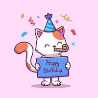 chat d'anniversaire mignon avec illustration d'icône de vecteur de dessin animé de confettis. concept d'icône d'anniversaire animal isolé vecteur premium. style de dessin animé plat