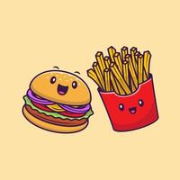 illustration d'icône vectorielle de dessin animé mignon burger et frites. concept d'icône de personnage de restauration rapide isolé vecteur premium. style de dessin animé plat