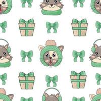 modèle sans couture avec des têtes de chats mignons gais de noël dans des chapeaux tricotés verts, des écouteurs chauds, des arcs et des cadeaux du nouvel an vecteur