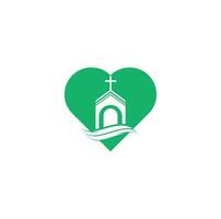 conception de logo de concept de forme de coeur de bâtiment d'église. logo de modèle pour les églises et les chrétiens. logo du bâtiment de l'église croisée. vecteur