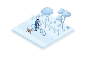 propriétaires d'animaux et bénévoles, personnage faisant du vélo avec des chiens, illustration moderne de vecteur isométrique
