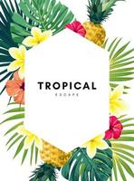 fond d'été tropical avec des feuilles de palmier, des fleurs et des ananas. vecteur