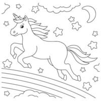 une licorne mignonne se précipite le long de l'arc-en-ciel. page de livre de coloriage pour les enfants. personnage de style dessin animé. illustration vectorielle isolée sur fond blanc. vecteur