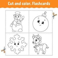 coupe et couleur. jeu de flashcards. livre de coloriage pour les enfants. personnage de dessin animé mignon. silhouette de contour noir. thème de noël. isolé sur fond blanc. vecteur