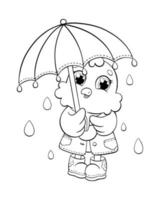 un petit poulet mignon se tient sous un parapluie. page de livre de coloriage pour les enfants. personnage de style dessin animé. illustration vectorielle isolée sur fond blanc. vecteur