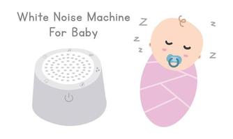 bébé blanc bruit machine clipart. machine à bruit blanc et illustration vectorielle plane bébé endormi. berceuses de bruit blanc de sommeil de bébé pour le style de dessin animé nouveau-né. douche de bébé, concept de pépinière nouveau-né vecteur