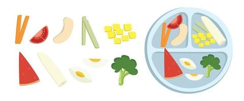 clipart alimentaire de sevrage mené par bébé. assiette blw de sevrage dirigée par bébé pleine de nourriture pour les doigts pour illustration vectorielle plane auto-alimentée pour enfants. carotte, tomate, banane, pomme, oeuf, brocoli, icône de style dessin animé pastèque vecteur