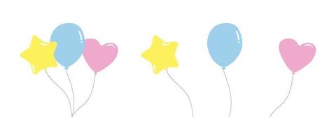 ensemble vectoriel de clipart de ballons de bébé. ballons mignons simples avec différentes couleurs et formes illustration vectorielle plane. style de dessin animé de ballon en forme d'étoile, rond, en forme de coeur. vecteur de ballons décoratifs