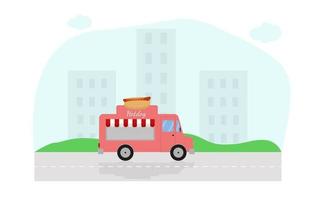 un camion avec de la nourriture pour cuisiner des hot-dogs roule dans la ville. appartement. illustration vectorielle vecteur