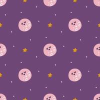 planète de dessin animé mignon avec des étoiles sur fond violet, motif vectoriel sans couture, impression pour enfants pour tissu, produits en papier