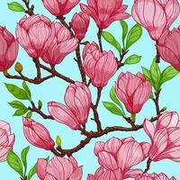 fleurs de magnolia fleur rose sur fond bleu, motif sans couture. illustration dessinée à la main vecteur