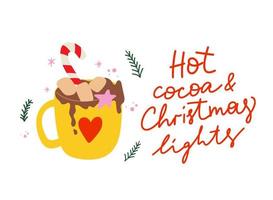 cacao chaud et lumières de noël - lettrage d'hiver hygge dessiné à la main et tasse confortable dessinée à la main. vecteur