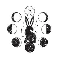 lapin de lune, lapin silhouette avec phases lunaires, illustration vectorielle. vecteur